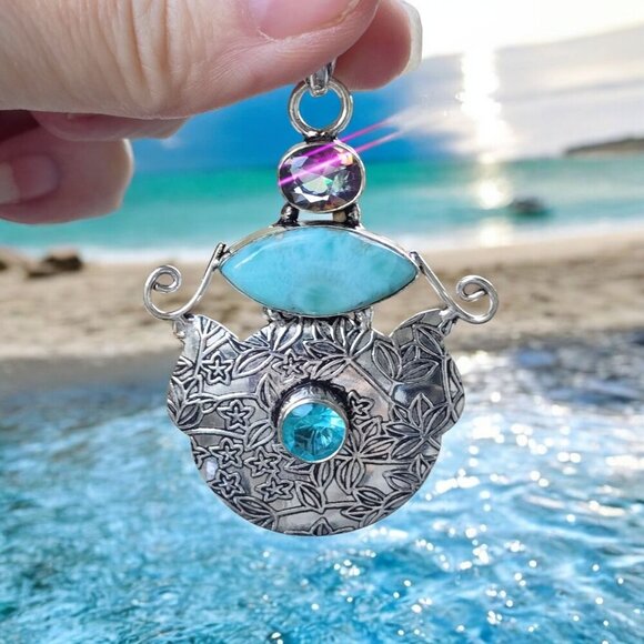 Mystic Fire Topaz, Larimar & Swiss Blue Topaz Forged In Sterling Silver Pendant - Picture 4 of 15